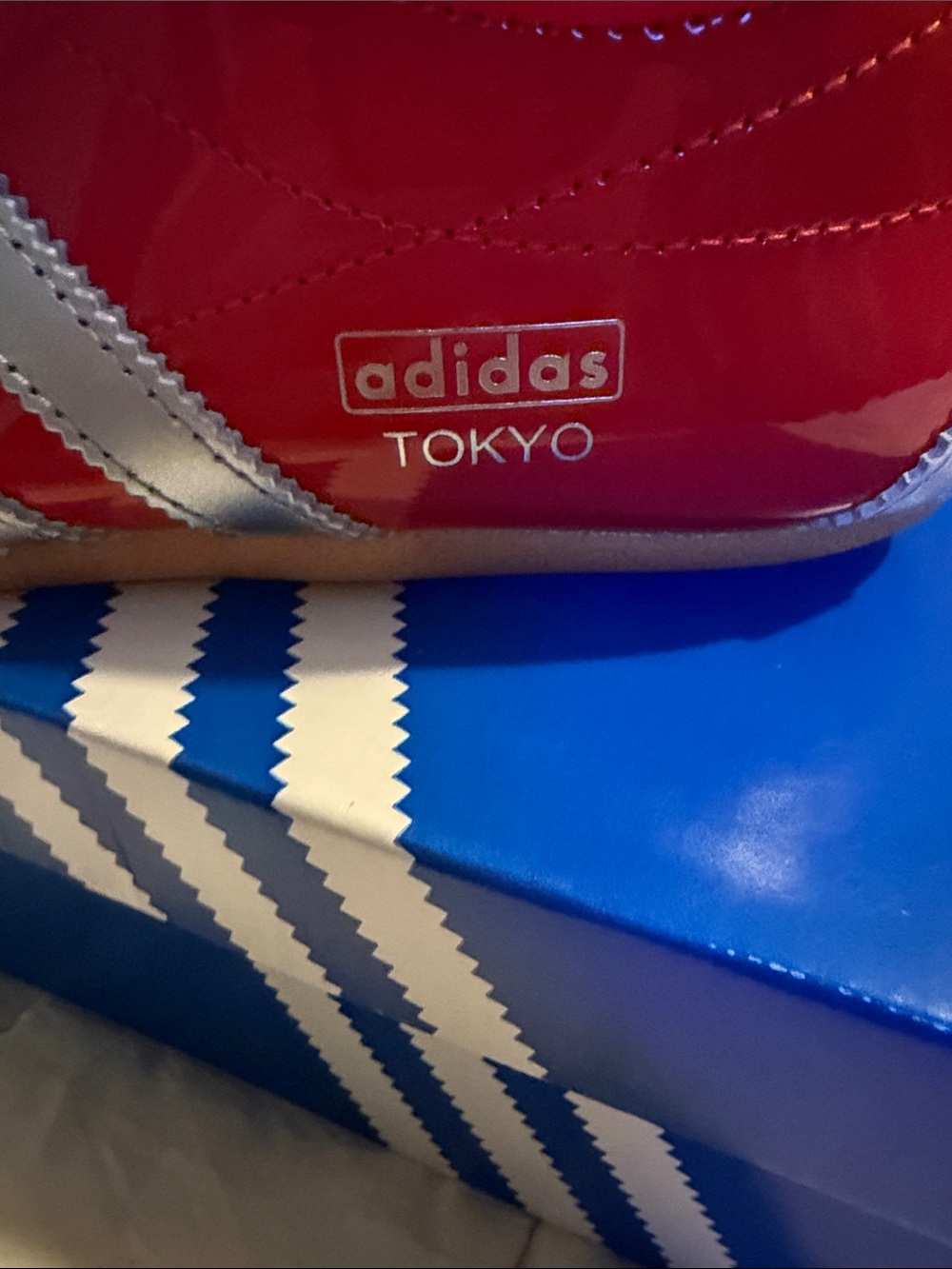 adidas Red Patent Leather Sneakers with Silver Stripes Tokyo - Picture 4 of 7